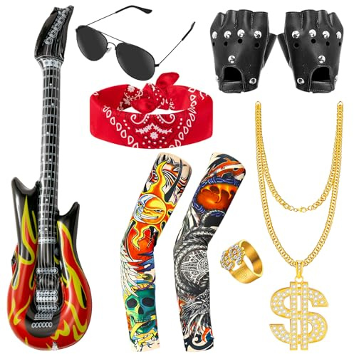 YINGENIVA Disfraz de rockero gótico punk, 7 unidades, disfraz de Rockstar para niños, rockero, con guitarra de aire para inflar y tatuar, para niños, hombres y niñas, disfraz para fiesta de discoteca