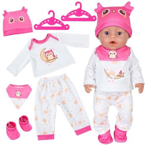 Baby Doll Clothes for 14-17 Inch Doll, 7 Pcs New Born Baby Doll Clothes & Accessories, Pink Top Pants Socks Hat Bib Hangers, 36-43cm Cute Eule Doll Accessories for Kids Girls(No Doll)