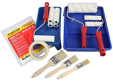 Maxi Set – Farbroller-Set, auslaufsicher, Mini-Schaumstoffrollen, flache Pinsel, Abdeckung für alle 20 m², große und kleine Eimer, Maler-Tape.