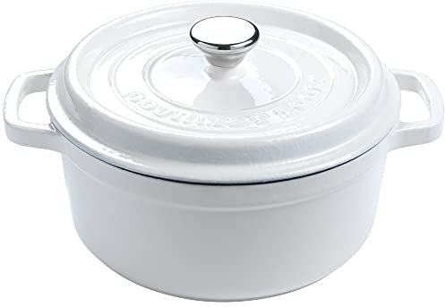 Horno Holandés Hierro Fundido esmaltado antiadherente 24 cm/ 3,6 litros 6/4 comensales, Olla Cocotte con tapa redonda para cocinar con los sabores y nutrientes tradicionales -Blanca. Gourmet Tools