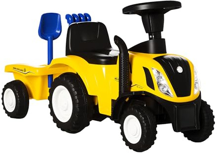 HOMCOM Trattore Giocattolo per Bambini Cavalcabile con Rimorchio, Rastrello e Pala, Gioco Educativo per Bimbi 12-36 Mesi, 91x29x44cm, Giallo