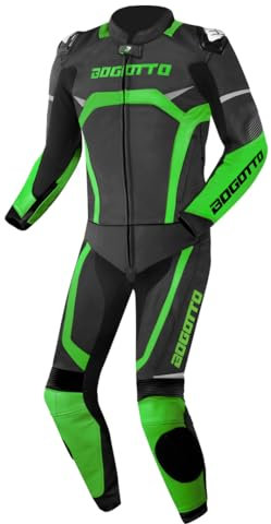 Bogotto Misano Tuta in pelle per moto a due pezzi, nero/verde, 48