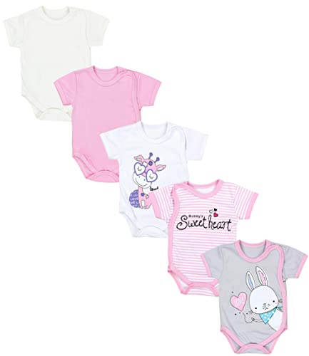 TupTam Baby Body Mädchen 5er Set – Kurzarm Wickelbody aus Baumwolle mit Print, Atmungsaktiv und Hautfreundlich, Farbe: Streifen Giraffe Kaninchen Rosa Weiß Grau, Größe: 74