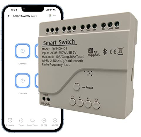 Jane Eyre Interruttore Smart Wifi con alloggiamento Interruttore Jog/Blocco Relè Wireless AC85V-250V, APP eWelink Telecomando Elettrodomestici, Controllo Bluetooth, per Alexa Google Home(4ch)