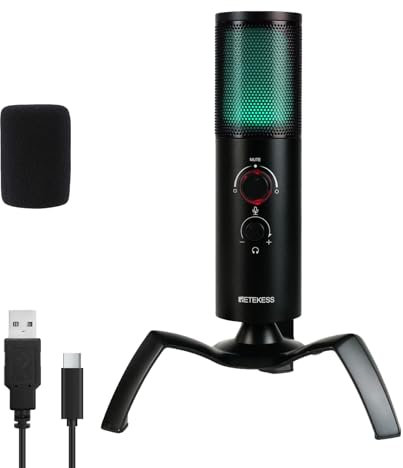 Retekess TG101 Micro Podcast, Micro Gaming, 96 DB Rapport Signal sur Bruit, Bonne Qualité Sonore, Cardioïde et Omnidirectionnel, 7 éclairages RVB, Micro USB, Ordinateurs Compatibles, PS4, PS5