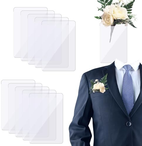 10PCS Pocket Boutonniere Plastic Sleeve, Clear Invisible No-Lapel Pin Square Boutonniere Holder for Groom Groomsmen Wedding Supplies (No Flower Included)