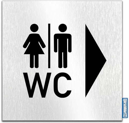 Türschilder24 Plaque de porte en aluminium Dibond - 120 x 120 x 3 mm - Pour fauteuil roulant de toilettes gauche/droite - 100 % fabriqué en Allemagne (WC + picto/flèche à droite)