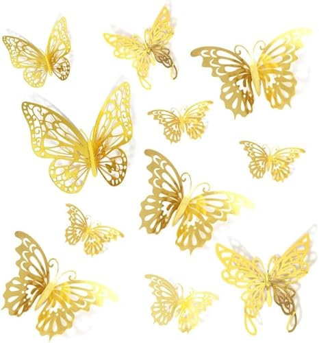 36Pcs 3D Butterfly Wall Sticker Hollow Butterfly Wall Decals Golden Paper Butterflies Stickers Butterfly Decals DIY Gold Butterfly for Christmas Decoration Walls Bedroom Party Wedding Decors 3 Styles