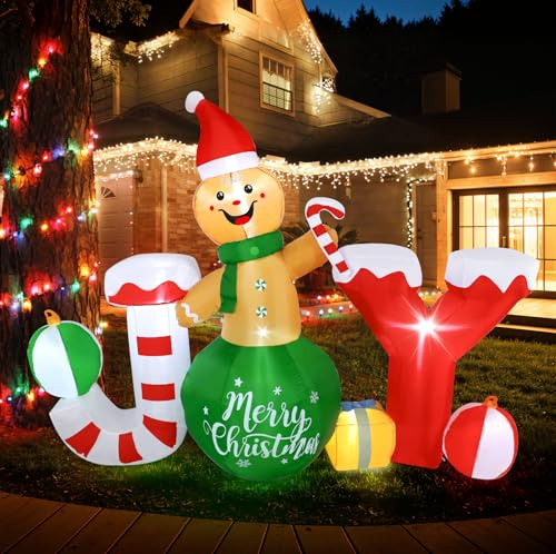 Wothfav Omino Pan di Zenzero Gonfiabile di Natale con Luci LED, 175CM Omino di Pan di Zenzero Gonfiabile con Lettera JOY, Palla, Canna di Caramella, Decorazione Natalizia per Esterno Impermeabile