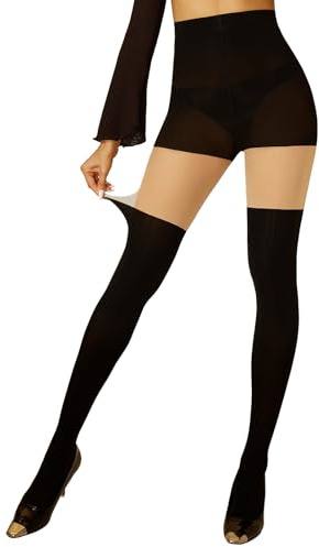 Yilanmy Mock Thigh High Tights for Women Black Over the Knee Suspender Stockings Pantyhose 60/15 DEN(Black/Natural,L/XL)