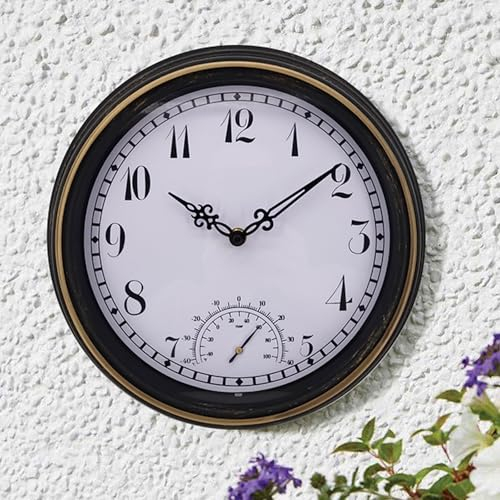 KUNOQXHA Gartenuhr Wetterfest Outdoor Mit Thermometer Und Hygrometer 12 Zoll Groß Vintage Wanduhr Terrassenuhren Leise Ohne Tickgeräusche Batteriebetrieben Wand Uhr für Drinnen Und Draußen Dekorative