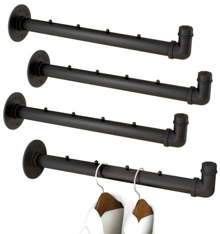 IBUYKE 4 Pcs 15.7 Inch Industrial Pipe Clothes Bar, Multifunctional Wall Mounted Clothes Rail, Heavy Duty Space-Saving Hanging Closet Rod for Bedroom Bathroom, Black TYJ008H-4
