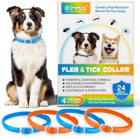 Collier Anti Puces pour Chien, 4Pcs Collier De Viande De Chien Et Menthe, 24 Mois De Protection À Long Terme Imperméable À l'eau Réglable, Convient À La Plupart des Chiens - Bleu et Orange