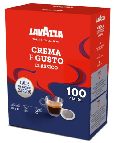 Lavazza, Crema e Gusto Classico, Caffè per Macchine Espresso, Arabica e Robusta con Note di Legno e Tabacco, Intensità 8/10, Tostatura Scura, 100 Cialde