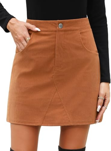 CMTOP Falda Mujer Corta Cintura Alta Minifalda de Pana para Otoño Invierno Elegante A-Line Mini Falda Ajustada Envolvente con Bolsillos (Marrón, XL)