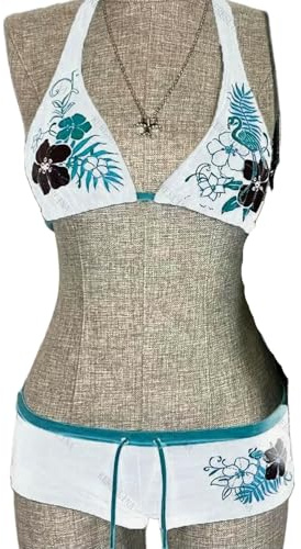 WANGQIQI Bikini i ett stycke med blommönster för kvinnor, halter-baddräkt för stranden, beige, storlek M