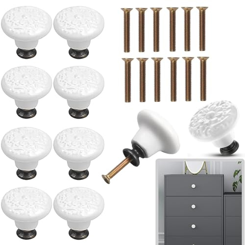 Keedoinlap 10 Boutons de Meuble en Céramique, Boutons de Placard Vintage 34 x 31 mm, Boutons de Tiroir Fleur Blancs avec Vis, Boutons de Porte pour Commode, Armoire, Placard et Meuble de Cuisine