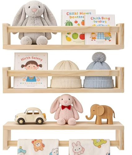 GiHaood Estanteria Libros Infantil 3 Piezas, Estanteria Libros Pared de Madera para Niños, Estantería Colgante para Guardar Juguetes, Libros y Especias en Salones, Habitaciones Infantiles y Cocinas