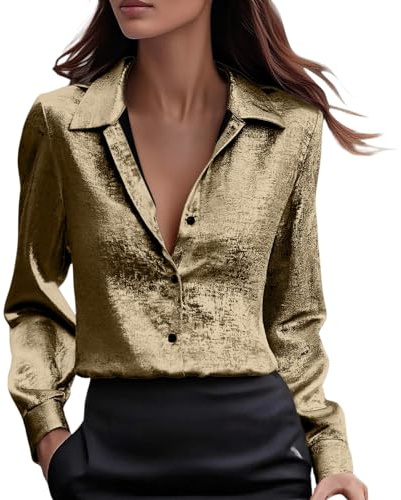 Camicia Donna Elegante in Raso Camicia Seta con Scollo a V Camicetta in Chiffon Moda Blusa in Raso Business a Maniche Lunghe Button Down Maglietta da Lavoro Basic Sciolto Shirts Ufficio Slik Classico