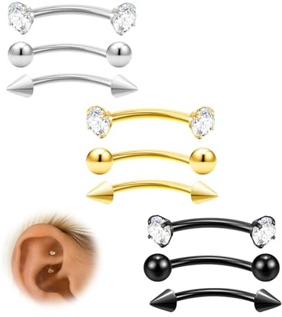 Piercing per sopracciglio da 16 G, 9 pezzi, in acciaio chirurgico, argento, oro, nero, elice, conchiglia, daith, per donne, uomini, labbra, ombelico, lingua, sopracciglio (anelli per sopracciglio)