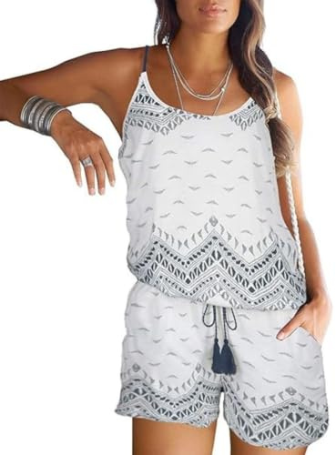 JFAN Mono de Una Pieza Camiseta sin Mangas con Estampado Floral para Mujer Pantalones de Verano Ropa de Playa Informal Ropa de Playa Elegante(Blanco,M)