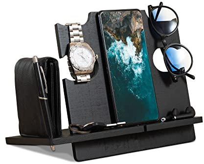 LAC EVERYTHING EVERYWHERE Wooden Bedside Organiser for Him - Docking Station for Men Gifts for Him, Present for Dad Birthday (Black)