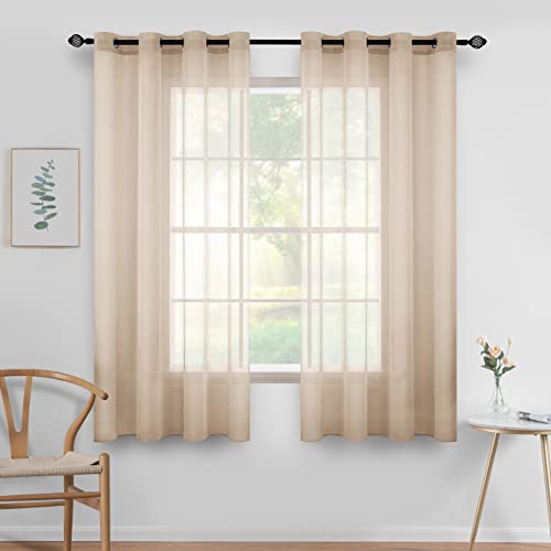 MIULEE 2 Panels Sheer Voile Eyelet Curtains Light Khaki 55 Wx63 L | Lightweight voile sheer drapes, soft light filter, eyelet grommet easy install, elegant decor for bedroom living room