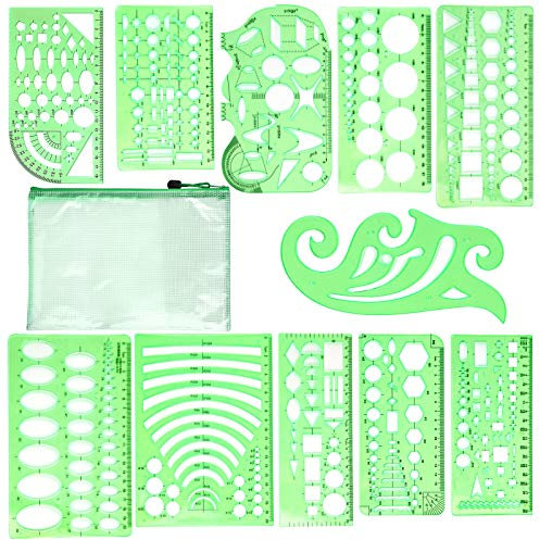 11 Stücke Zeichnungen Schablonen, Kunststoff Zeichnungen Vorlagen, Zeichnungen Lineal, Plastik Zeichnen Schablonen mit Aufbewahrungstasche für Schule, Büro, Architektur, Gebäude