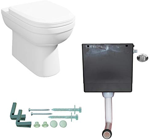 Ceramica® Milan Modern Bathroom Cloakroom Back to Wall BTW Toilet Space Saving WC Toilets Soft Close Seat Dual Flush Cistern D Shape Pan, White Gloss