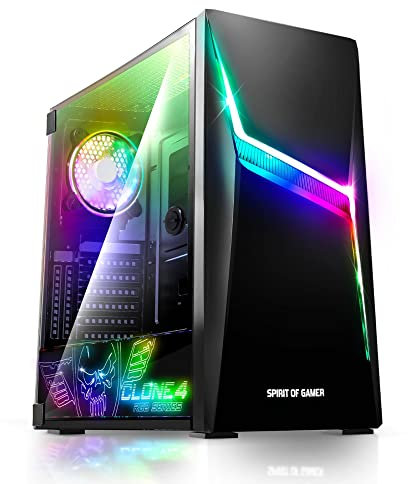 Spirit of Gamer - Clone 4 - PC Gehäuse RGB mit Durchsichtiger Wand Aus Gehärtetem Glas - Erstellen Sie Ihren Gaming PC - Tower Mittel Kompatibel ATX/MATX/ITX - 2 Lüfter Adressierbar 120mm Enthalten