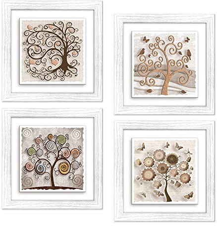 Lupia - Set 4 Quadri Albero della Vita su Ceramica TREE, Cornice Modern Shabby in Legno Bianca, Decorazione Moderna, Vivaci e Profondi, per Camera, Soggiorno, Ufficio, 18x18 cm o 29x29 cm 18x18 cm