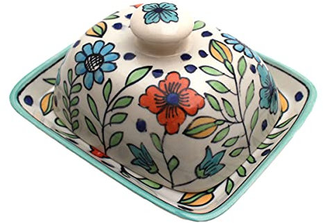 Gall&Zick Burriera con coperchio, in porcellana, dipinta a mano, in ceramica, per un normale pezzo di burro da 250 g, lavabile in lavastoviglie (fiori turchese)