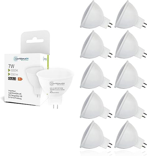 LIGHTWORLD24 MR16 LED Warmweiss Led GU5.3 MR16 12V 7W Ersatz für 60W 50W 40W Halogen Lampe AC DC12V 3000K Hohe CRI 80> Ra 550lm Hell Birne Leuchtmittel 110°Abstrahwinkel Spot 10er SET