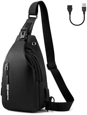 Aucuu Sling Bag, Bolsa de Pecho, Bolso Bandolera para Hombre con Puerto de Carga USB, Puerto Crossbody para Hombres Mujeres Senderismo Ligero Ciclismo Mochila de Viaje para Acampar-Negro