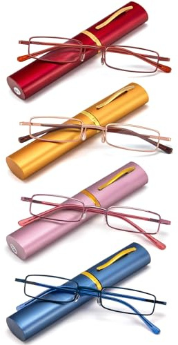 REAVEE 4 Pack Slim Pen Reading Glasses for Women Stylish Small Metal Tube Readers Spring Hinge with Portable Clip Case, Red Gold Pink Blue 2.5