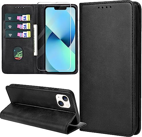 ZYIMOU Handyhülle für iPhone 13 Hülle mit Schutzfolie, Leder Schutzhülle Standfunktion Kartenfach Wallet Klapphülle iPhone 13 6.1 Zoll Flip Case Cover, Schwarz