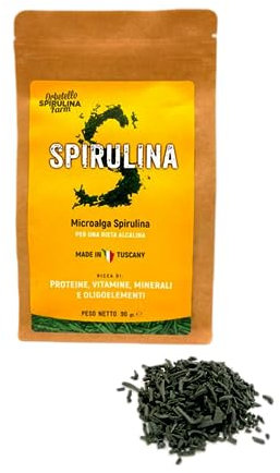 SpirulinaFarm - Spirulina Italiana Essiccata Croccante - Microalga Pura e Naturale - Ricca di Proteine e Antiossidanti - Prodotta in Toscana - 90g