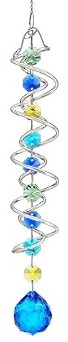 Crystal Rainbow Suncatcher,Hanging Suncatcher with Double-Spiral W/Sea Blue Crystal Ball and Chain,Glass Crystals for Indoor Outdoor Decoration,Decorative Wind Spinner Sun Catcher 17.7 inch