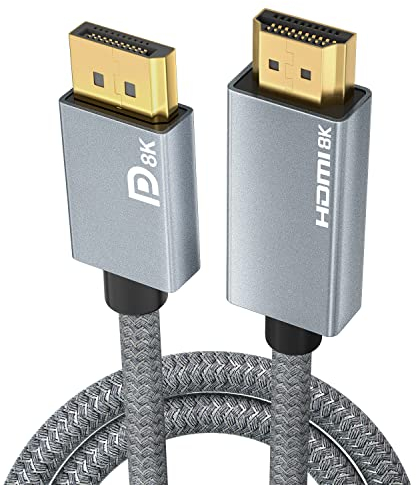 DisplayPort auf HDMI Kabel 8K [ 8k@30hz, 4k@120hz, 2k@144hz ] 3M, DP 1.4 zu HDMI 2.1 Uni-Directional Braided Cord,Unterstützung HDR/HDCP 2.3/DSC 1.2 für PC, HP, Lenovo, Dell, AMD, NVIDIA (3M)
