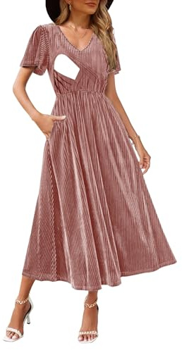 CzzzyL Women's Latched Mama Nursing Flutter Short Sleeve V Neck Velvet Maxi Dress Bridesmaid Wedding Guest Formal Dresses with Pockets(Pink,Small)