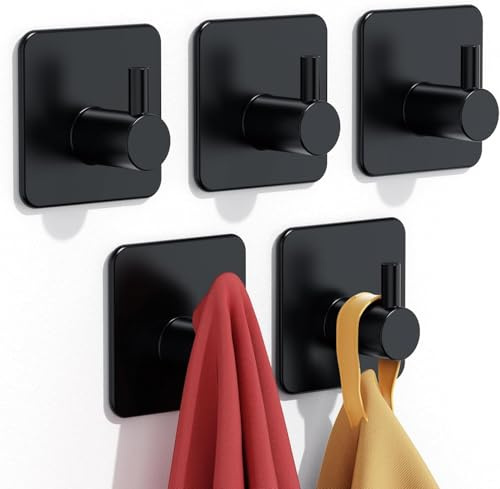Auxmir Ganchos Adhesivos Baño de Acero Inoxidable, Toalleros sin Taladro Resistentes, Colgador Toallas Baño Grande, 5 Pack Negro (4.5x4.5cm)
