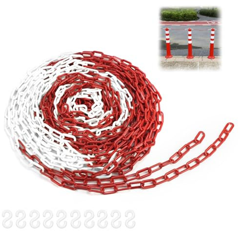 QWORK® Cadena barrera de plástico, cadena barrera 8mm 25M rojo blanco, para hoteles, aparcamientos, estaciones de tren