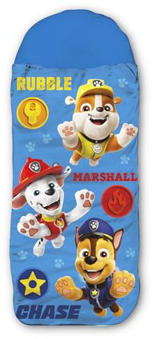 Paw Patrol Kinder-Schlafsack – Blau 140 cm + 30 cm (Kapuze) x 70 cm, ideal für Outdoor/Indoor, mit Rubble, Marshall, Chase, Mumienschlafsack für Camping - Mädchen und Jungs mit Reißverschluss