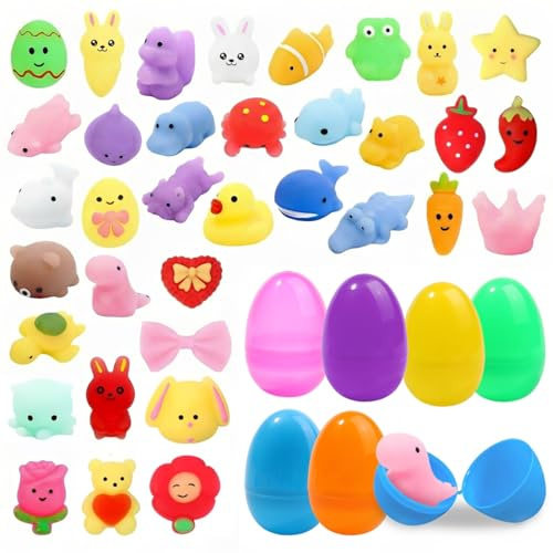 Kit de Caza de Huevos de Pascua de 36PCS con Juego de Juguetes de Mochi Squishy, Jsdoin Mini Mochi Party favorece Juguetes de Kawaii Squishy para la Fiesta de Pascua, Caza de Huevos de Pascua