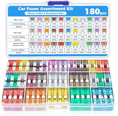 Xibao KFZ Sicherungen,2A 3A 5A 7.5A 10A 15A 20A 25A 30A 35A 40A Fusibili Auto Standard con Estrattore, Set di Fusibili per Auto,Adatto per Autos,Camion, SUV,Quad,UTV,Camper e Moto (180 Pieces)