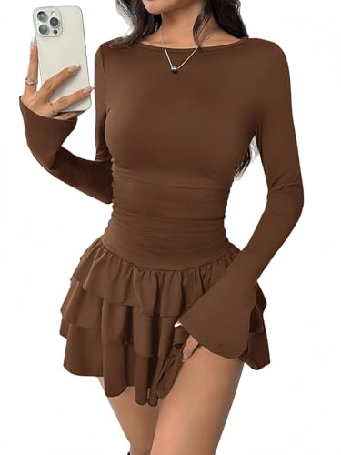 Sukiglam Vestito Donna Elegante Mini Abito Maniche Lunghe Scollo a Barchetta Sexy Abiti Corto con Volant a Strati Casual Vestito A Line Aderente Abito da Sera Discoteca Cocktail Festa Autunno Inverno