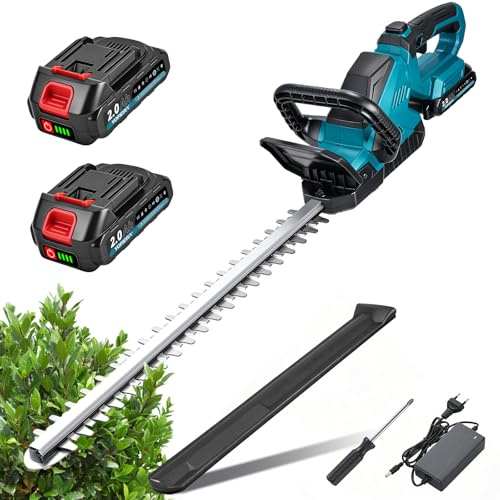 Yofidra Cortasetos Eléctrico a Batería 50cm, Cuchillas Dobles, Baterías 2x2.0Ah, Separación de Dientes 18mm, Mango Giratorio 180°, con Cargador y Funda Protectora - Cortasetos Inalámbrico
