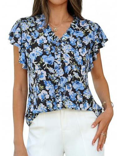 GRACE KARIN 2026 Boho Tops for Women Dressy Casual,Ruffle Sleeve Chiffon Blouses,V Neck Summer Fashion Clothes Blue Black XL