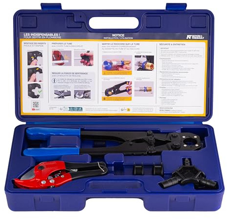 Coffret complet pour le sertissage des raccords sur tubes PER et multicouche NOYON & THIEBAULT contient 1 pince à sertir, 1 coupe tube, 1 ébavureur/calibreur, 2 inserts profil TH 16/20 mm
