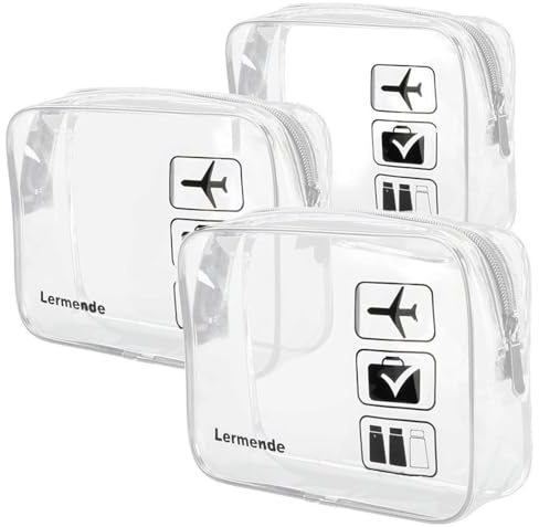 3pcs Lermende Airport Clear Bag for Travel, Portable Waterproof Travel Essentials Liquids Bags,Flight Bag Cosmetic Pouch Make up Bags for Women and Men (3 Clear)